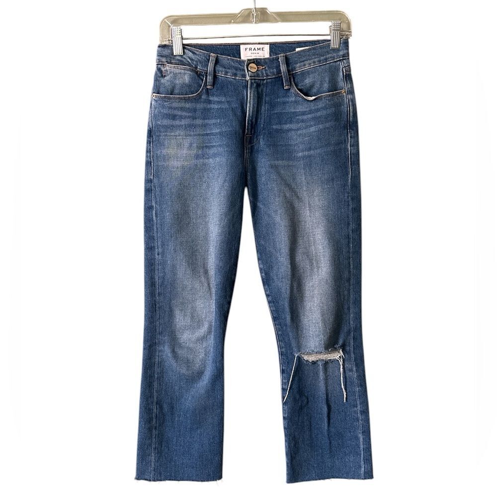 Frame Denim Le High Straight Distressed Raw Hem Thistlemore Med Wash Jeans Sz 24